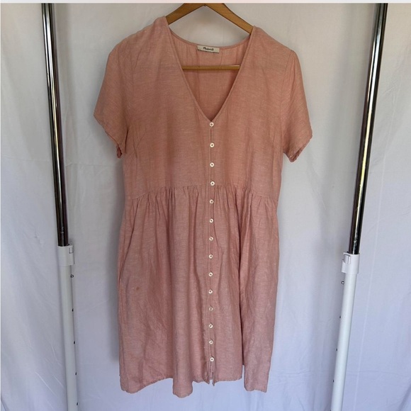 Madewell Linen Button Front Babydoll Dress w Pockets - Picture 1 of 8